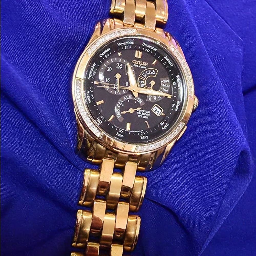 Citizen Corso Eco-Drive Perpetual Calendar Gold Tone Diamond Bezel Mens Watch - Picture 3 of 9